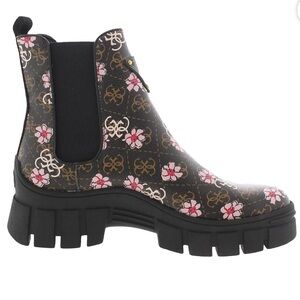 NWOT Guess Brown Pink Floral Logo Chunky Lug Sole Pull On Hestia Boots Spring